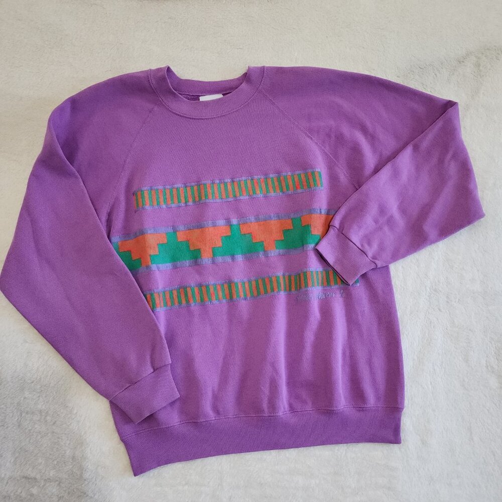 Vintage Purple Crewneck Sweatshirt with Green and Orange Geometric Stripe